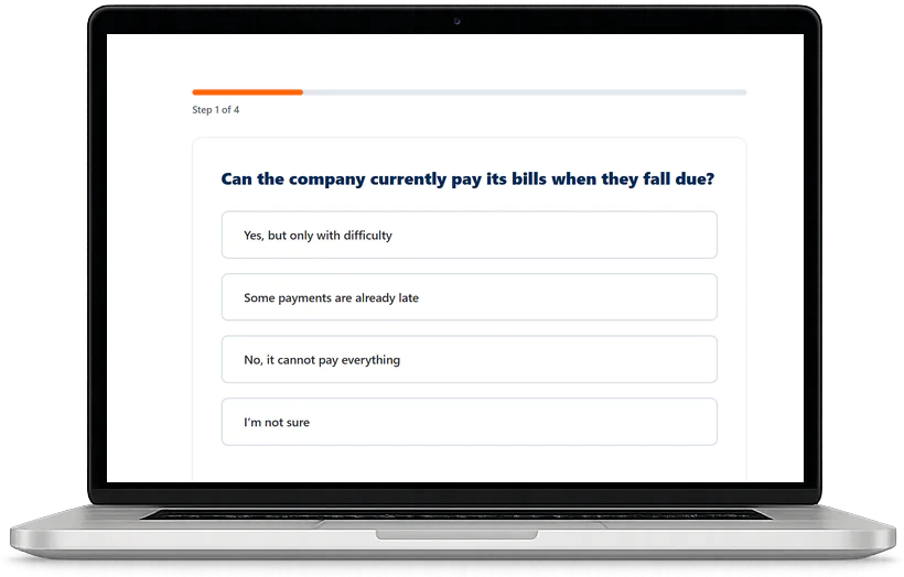 A laptop showing the first question of the insolvency test