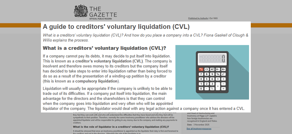 A guide to creditors voluntary liquidation article header with text explaining the CVL process and an illustration of a calculator