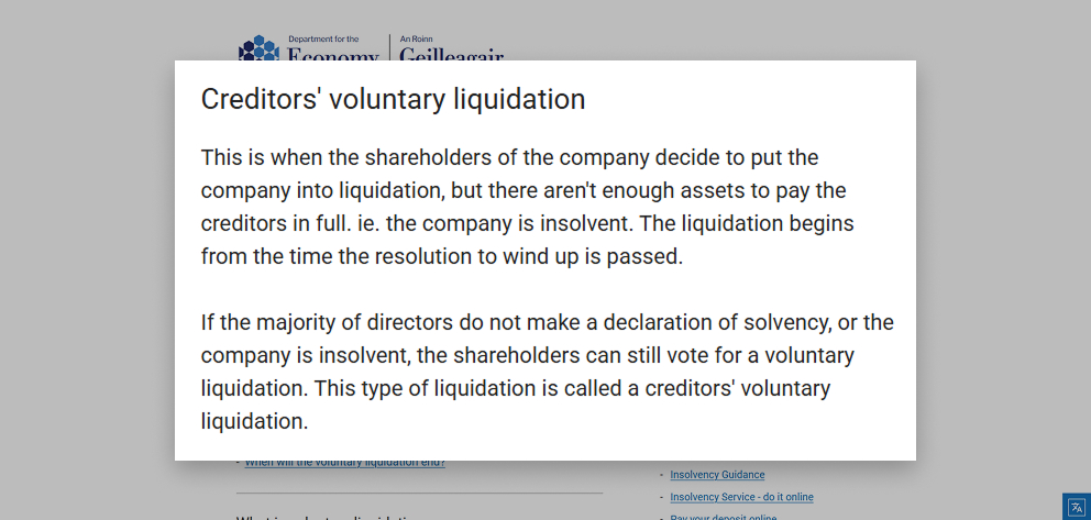creditors’ voluntary liquidation explanation text describing when shareholders place an insolvent company into liquidation because there are not enough assets to pay creditors in full