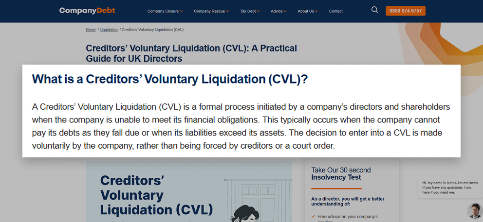Explanation of what a Creditors’ Voluntary Liquidation (CVL) is, describing it as a formal process initiated when a company cannot meet its financial obligations.