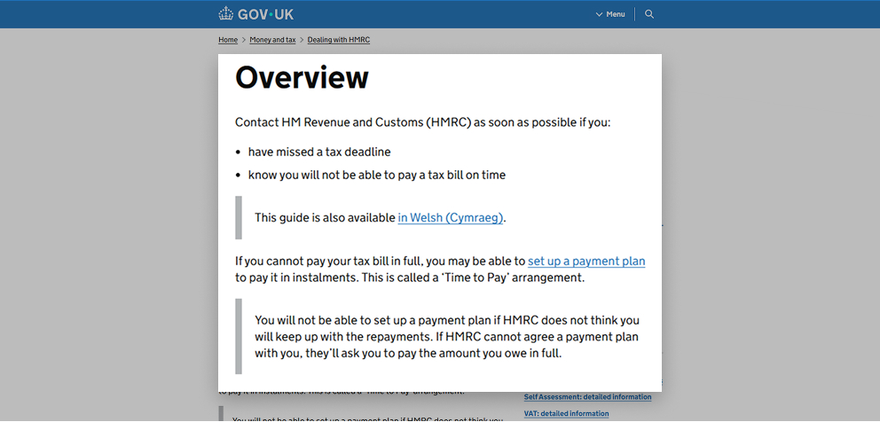 HMRC overview explaining when to contact HMRC about missed tax deadlines, setting up a Time to Pay payment plan, and conditions for agreeing repayment arrangements.