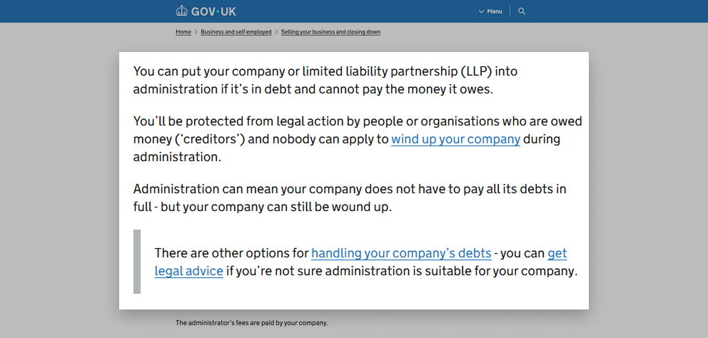 explanation of company administration, including protection from creditor legal action, impact on debt repayment, and guidance on alternative debt-handling options and legal advice.