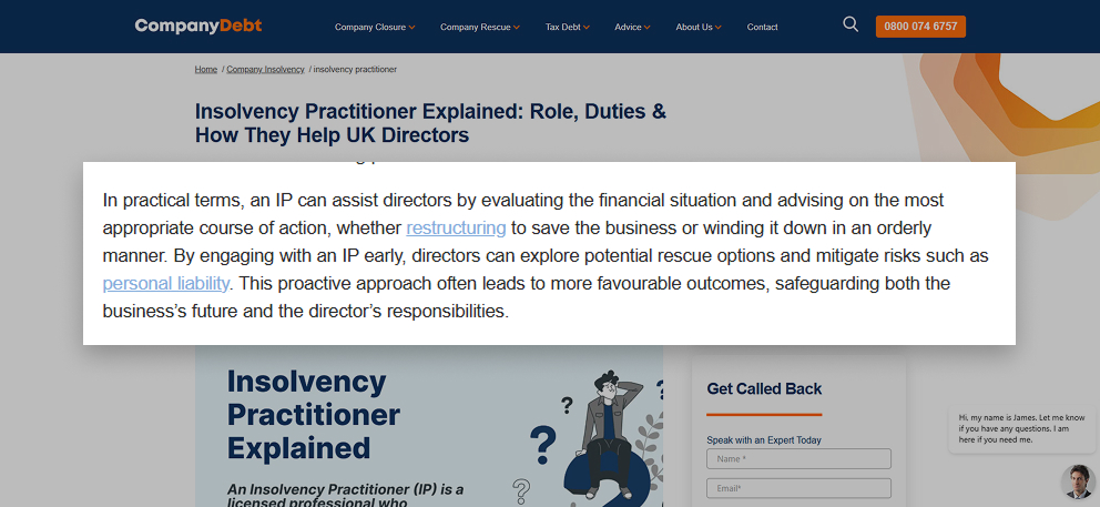 insolvency practitioner support text explaining how an IP evaluates a company’s financial situation, advises on restructuring or winding down, and helps directors mitigate risks such as personal liability