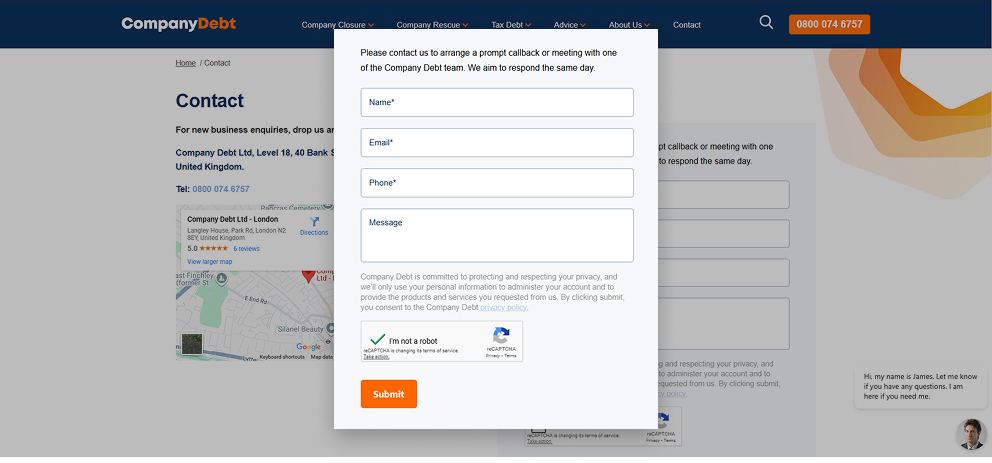 Company Debt contact page showing enquiry form with fields for name, email, phone, message, and reCAPTCHA verification.