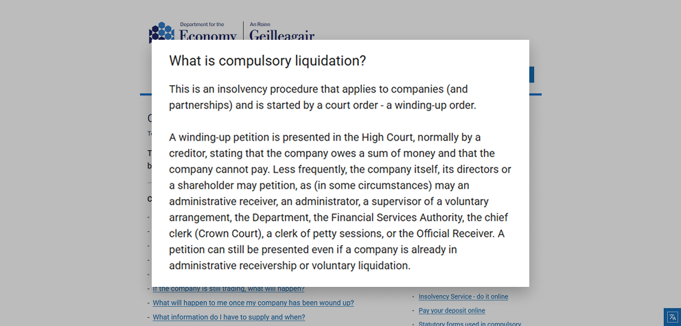 Explanation of compulsory liquidation, describing it as a court-ordered insolvency process triggered by a winding-up petition when a company cannot pay its debts.