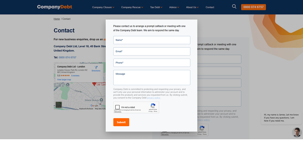 Contact page showing a popup form with fields for name, email, phone, and message, including a reCAPTCHA checkbox and a submit button.