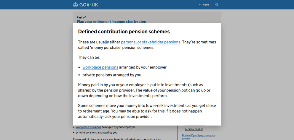 Defined contribution pension schemes explanation page showing bullet points about workplace and private pensions, how contributions are invested, and notes on moving to lower-risk investments near retirement.