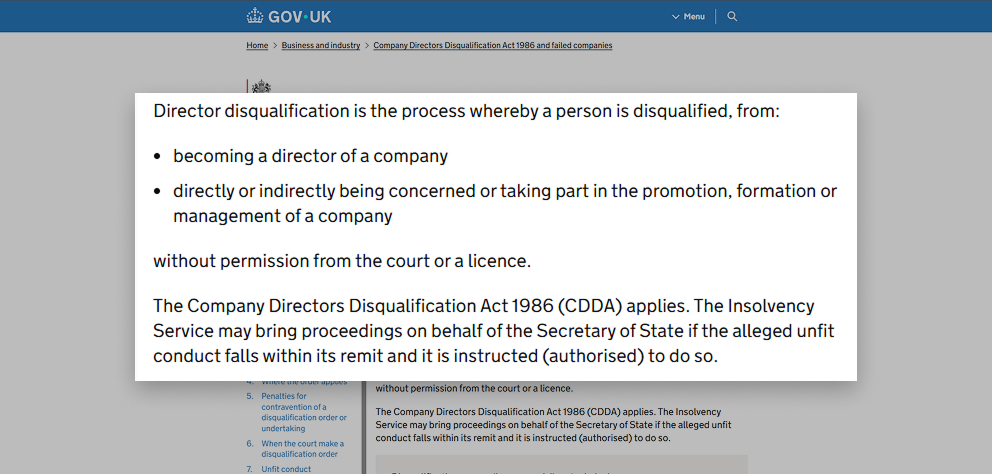 director disqualification explanation text from the Company Directors Disqualification Act outlining reasons for disqualification and the role of the Insolvency Service