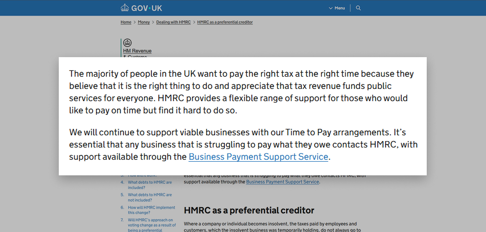 HMRC message stating most UK taxpayers aim to pay on time, outlining support for those struggling, and highlighting the Business Payment Support Service and Time to Pay arrangements.