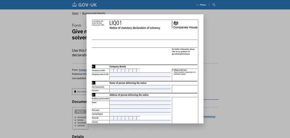 Companies House form LIQ01 showing the Notice of Statutory Declaration of Solvency, including sections for company details and the person delivering the notice