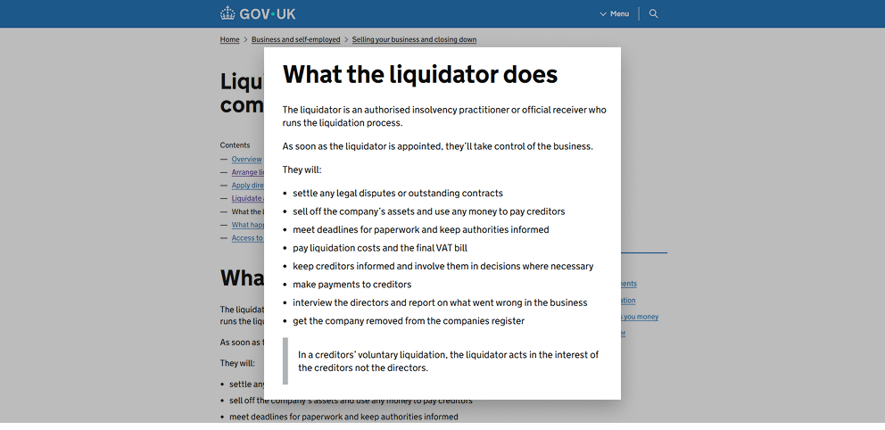 Screenshot explaining what a liquidator does during company liquidation, including settling disputes, selling assets, meeting paperwork deadlines, paying liquidation costs and VAT, keeping creditors informed, making creditor payments, interviewing directors, and removing the company from the register, with a note that in a creditors’ voluntary liquidation the liquidator acts in the interest of creditors.