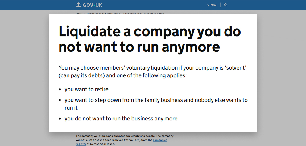 Liquidate a company you do not want to run anymore guidance text showing reasons for choosing members’ voluntary liquidation, including retirement, stepping down from a family business, or no longer wanting to run the business