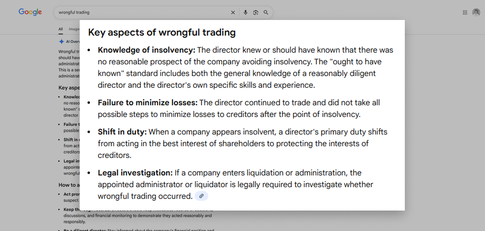 key aspects of wrongful trading including knowledge of insolvency, failure to minimise losses, shift in duty when insolvent, and legal investigation requirements.
