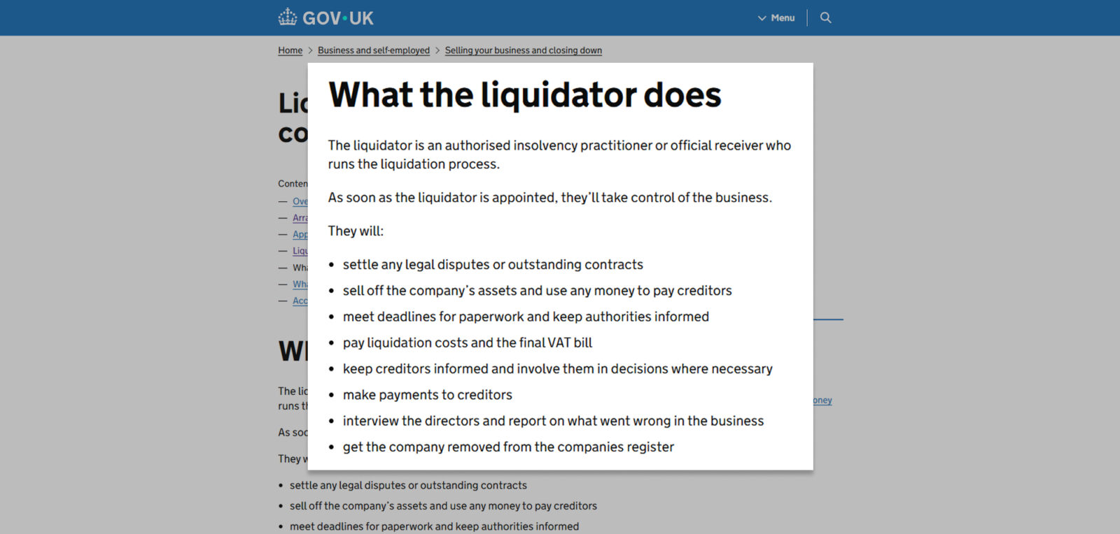 gov.uk guidance page explaining what a liquidator does during company liquidation