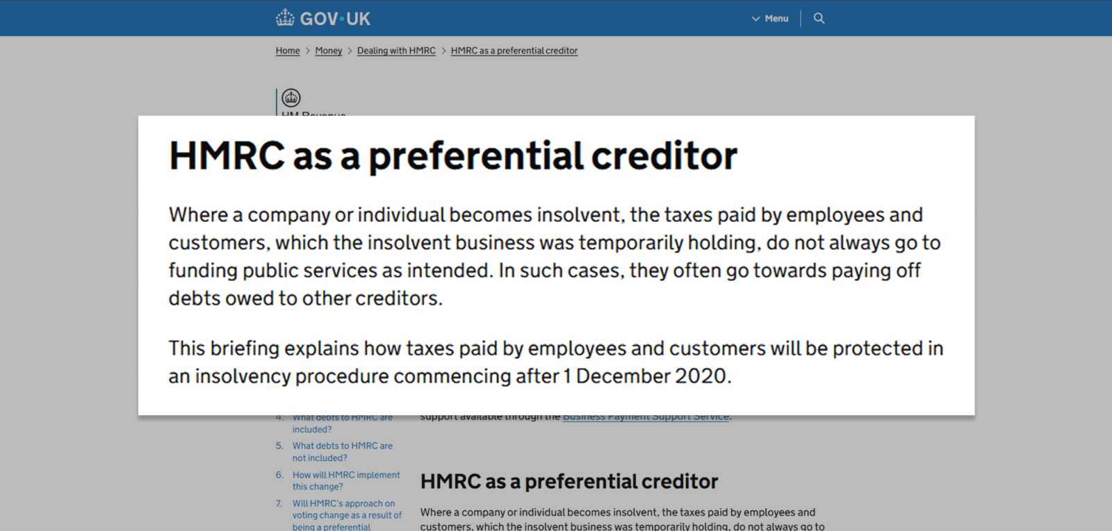 GOV UK page screenshot explaining HMRC’s status as a preferential creditor in insolvency cases