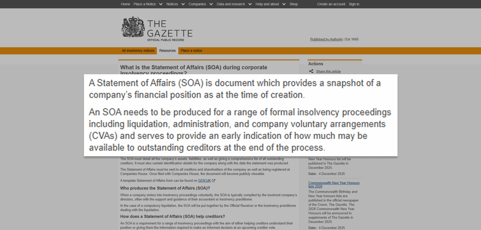 Statement of Affairs SOA definition explaining a snapshot of a company’s financial position during corporate insolvency proceedings from The Gazette