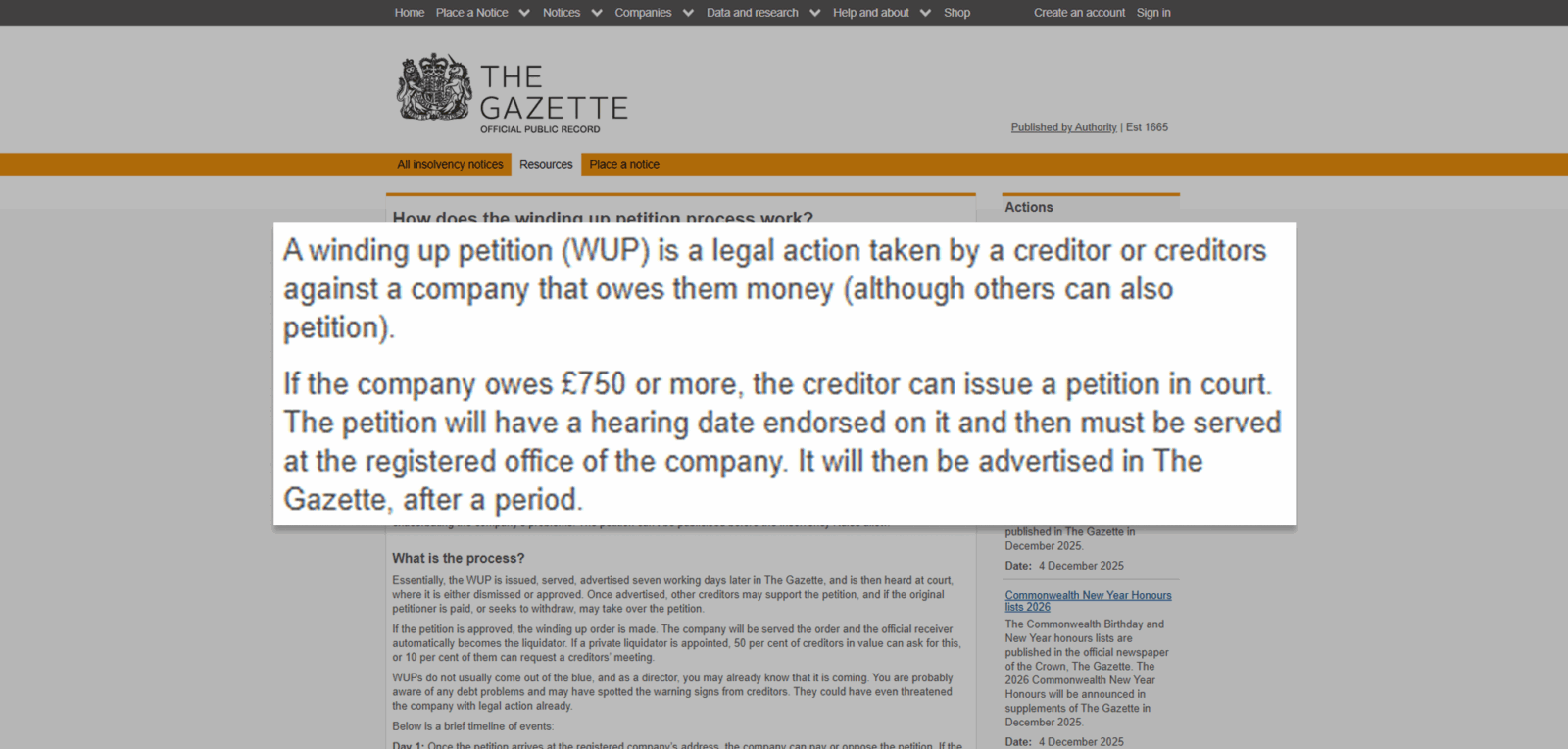 Winding up petition WUP definition explaining creditor legal action against a company owing £750 or more and the court process including Gazette notice
