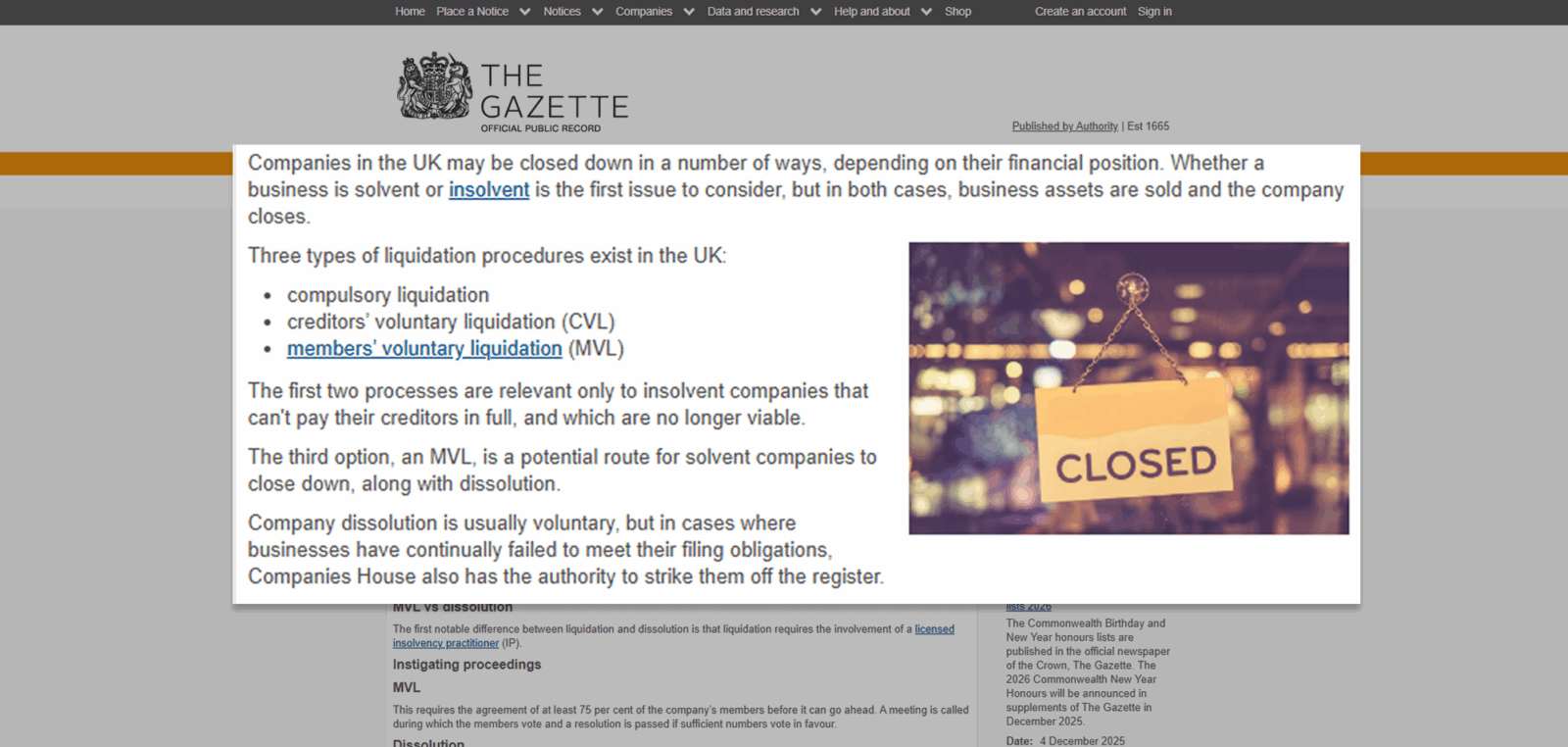 UK Gazette page explaining company closure in the UK, outlining compulsory liquidation, creditors’ voluntary liquidation, and members’ voluntary liquidation, alongside a shop window sign reading CLOSED.